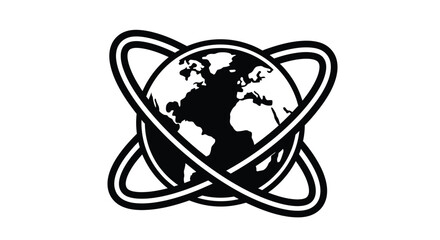 A stylized black and white graphic depicts the globe with intersecting orbital rings.