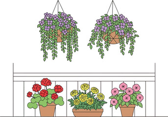 Various potted plants and hanging baskets adorn a balcony railing.