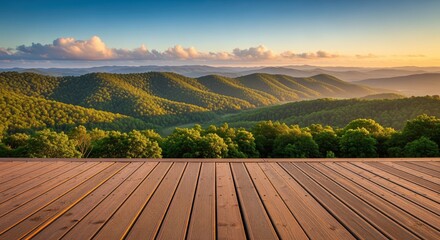 Wooden deck overlooks rolling green mountains under a colorful sunset sky. Perfect for outdoor living, nature retreats, or product placement displays against scenic backdrop.