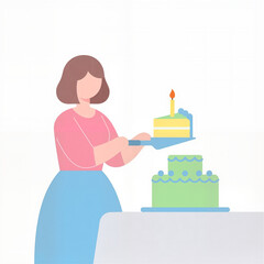 Woman serving birthday cake with candle at festive celebration  