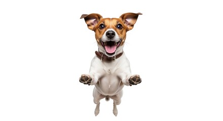 Happy dog with brown and white fur sits upright with paws raised and mouth open in joyful expression. Perfect for pet care ads, veterinary clinics, animal adoption campaigns, or greeting cards.