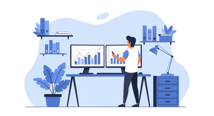 Financial analyst reviews charts on dual monitors for stock market insights, data analysis and business growth strategies during a workday at a modern office