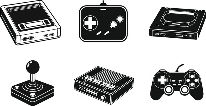 A collection of vintage video game consoles and controllers is displayed.