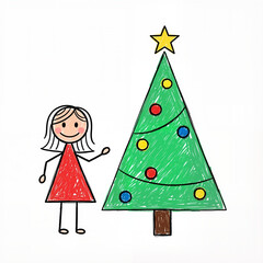 Girl smiling next to a colorful Christmas tree with star on top  