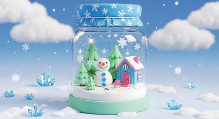 This heartwarming 3D render captures a magical winter diorama nestled within a glass jar, featuring a cheerful snowman, pastel pine trees, and a tiny blue house on a soft snow base