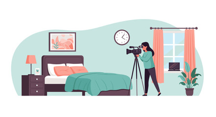Content creator filming interior design video in bedroom, capturing cozy lifestyle and home decor inspiration for online tutorial with professional camera