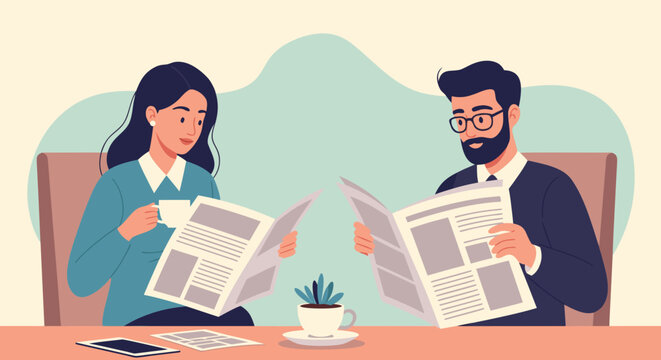 Morning news break with coffee, professionals catching up on world events and business insights, a modern take on classic routines, vector illustration