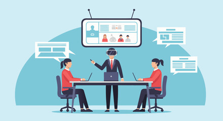 Fototapeta premium Futuristic meeting with VR presenter and colleagues, a modern, collaborative space fostering innovation and connection in a virtual environment for business success