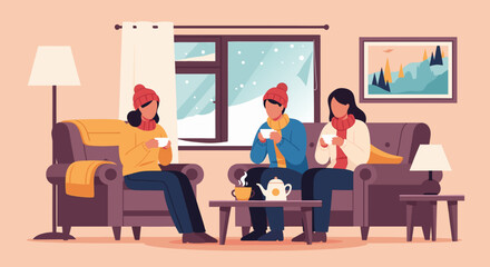 Cozy winter scene showing friends enjoying warm drinks together inside during a snowy day, relaxing in armchairs, and sharing stories in a comfortable setting