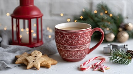 Festive cookies and a hot drink with marshmallows are set near a glowing Christmas tree, creating a warm holiday atmosphere