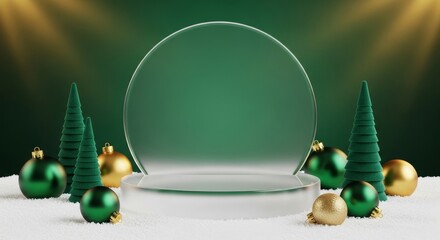 Festive 3D podium display for Christmas products. Minimalist frosted glass stand surrounded by green cone trees and gold ornaments on white snow background.