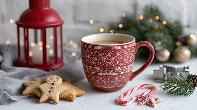 Festive cookies and a hot drink with marshmallows are set near a glowing Christmas tree, creating a warm holiday atmosphere - Powered by Adobe