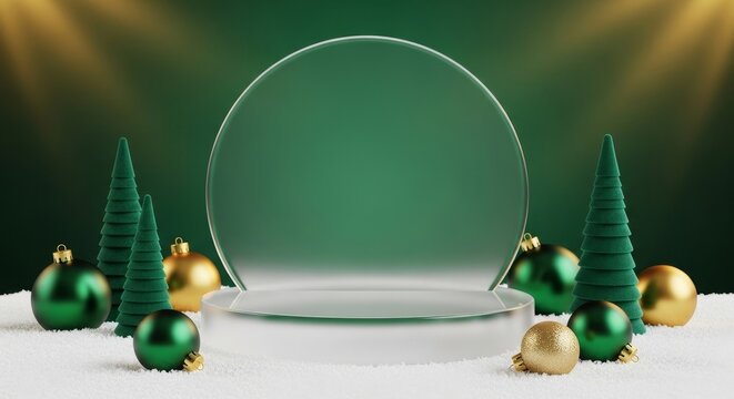 Festive 3D podium display for Christmas products. Minimalist frosted glass stand surrounded by green cone trees and gold ornaments on white snow background.