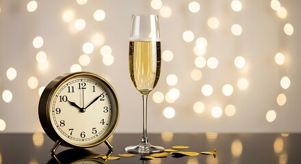 New Year's Eve celebration with a champagne toast and antique alarm clock marking midnight