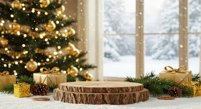 Festive wood slice display podium surrounded by gold Christmas gifts and pine decor, set against a window with falling snow and blurred holiday lights. - Powered by Adobe