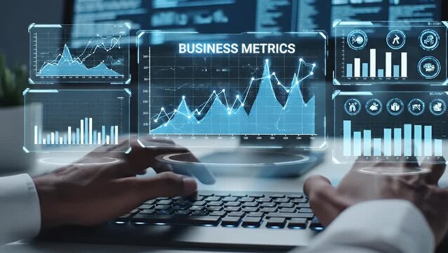 A business analyst using a futuristic dashboard to check performance metrics - Powered by Adobe