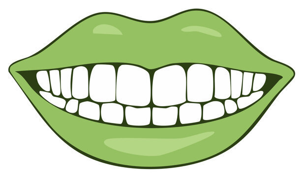 Illustration of cartoon lips with white teeth showing a big smile with green lips.