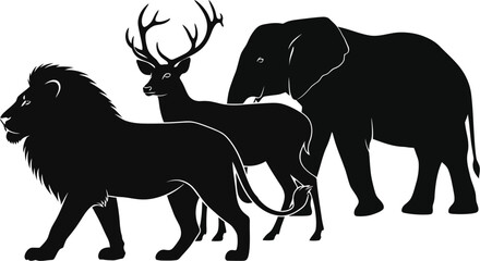 Silhouettes of a lion, a deer, and an elephant stand together in a line.
