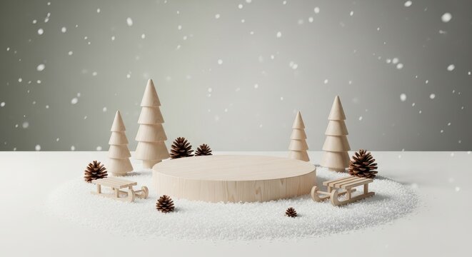 Winter Christmas product display background. Wooden round pedestal, pine trees, snow, sleds, and pine cones on a grey snowy backdrop.