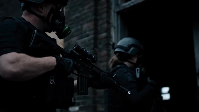 Two special forces soldiers in full tactical gear with gas masks and assault rifles cautiously entering an abandoned, dark building