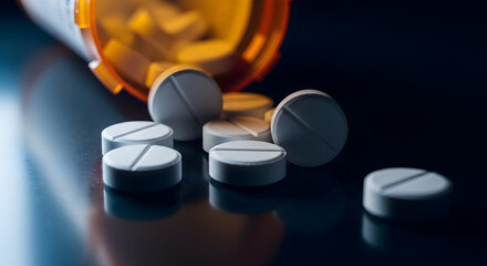 Explore the potential of pharmaceutical research with this captivating image of white pills spilled near a vibrant orange prescription bottle, showing hope.