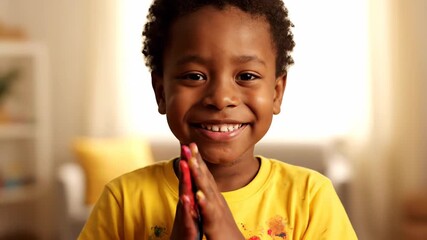 Cute African American child smiling at the camera, showing his hands covered in colorful paint. Happy kid having fun painting