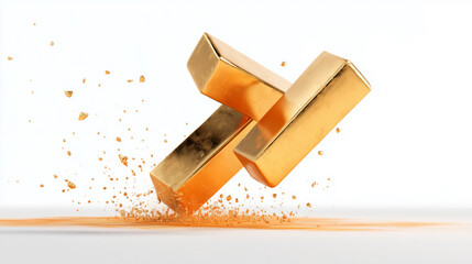 Obraz premium Three gold bars crashing and breaking into golden particles on white background