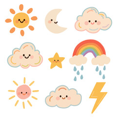 Cute Weather Elements in Kawaii Hand-Drawn Style for Kids Illustration Set