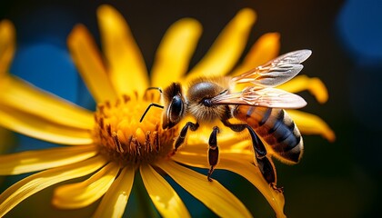 closeup of a bee collecting nectar from a yellow flower