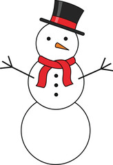 Cheerful snowman with a red scarf and black hat standing on a white background