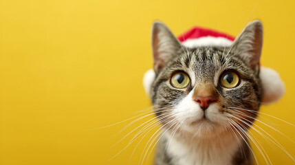 Obraz premium Close-up portrait of cat wearing Santa hat on yellow background with copy space.