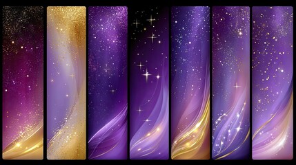 A collection of seven vertical banners featuring abstract designs with purple hues, gold accents, and sparkling star-like elements.