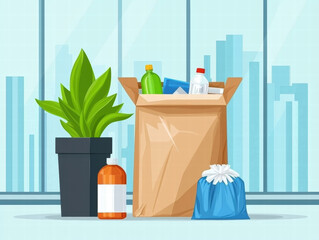 Urban donation center lost and found box with recyclables, plant and packaged goods conveying community support and helpfulness