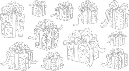Hand drawn gift boxes with bows and ribbons for coloring book illustration