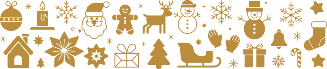Golden Christmas and Winter Holiday Icon Pattern Border with Santa Claus, Snowman, Reindeer, Sleigh, Tree, and Other Festive Elements