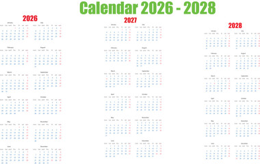 Calendar Display Showing Three Years 2026, 2027, and 2028