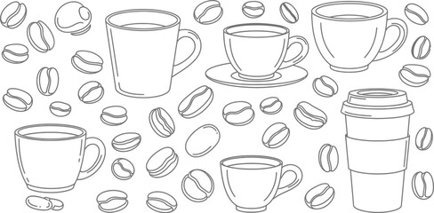 A collection of coffee cups and scattered coffee beans are depicted in a line drawing.