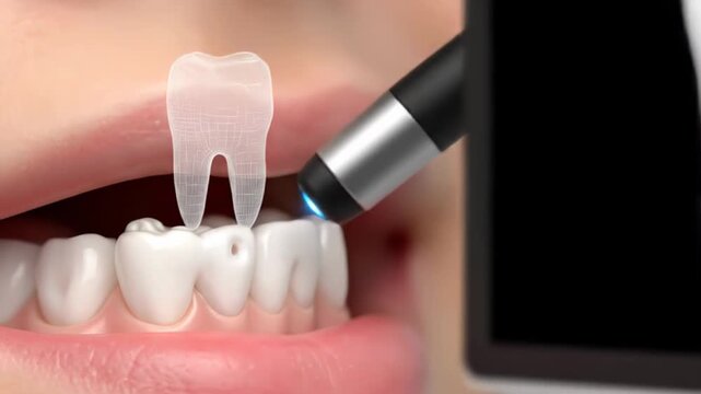 Modern dental intraoral scanner creating a three dimensional digital model of a tooth for a prosthetic crown. Dental 3D scanning process