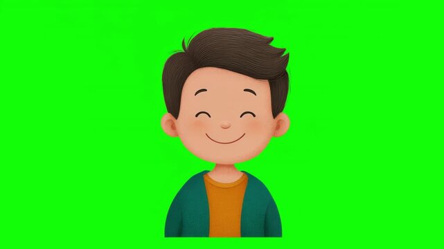 Smiling cartoon boy on green screen background seamless looping video motion 4k, wearing a blue jacket and orange shirt, Ideal for children's content, educational materials