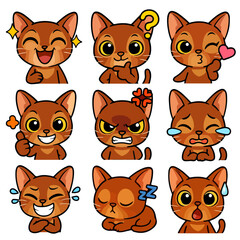 A set of cute anime cats illustrations doing different activities with different expressions.Stickers or badges. 	Abyssinian