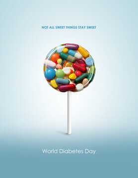 World Diabetes Day Concept of Lollipop of Tablets Symbolizing Sugar and Medicine Connection