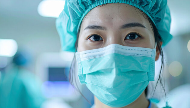 Female surgeon wearing medical mask and cap, focused and professional expression