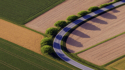 Winding road through agricultural fields with trees and shadows