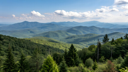 Rolling Green Mountains and Lush Forests Under a Cloudy Blue Sky hills