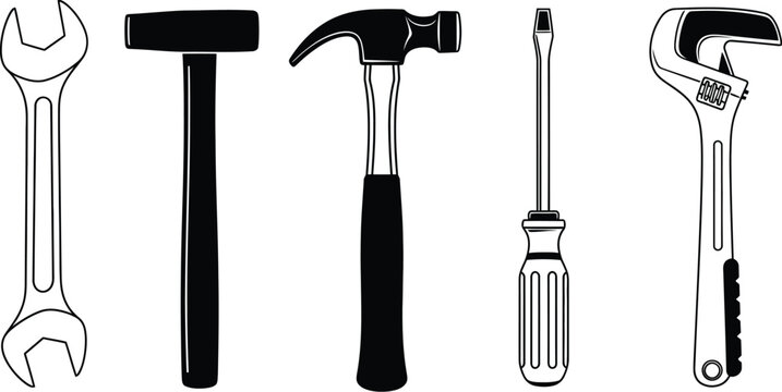 A collection of five common hand tools, including wrenches, hammers, and a screwdriver.