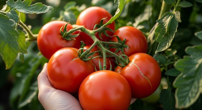 Human hand holding ripe tomatoes on vine in sunny garden showing fresh harvest organic gardening and natural food cultivation with close up detail and vibrant colors - Powered by Adobe