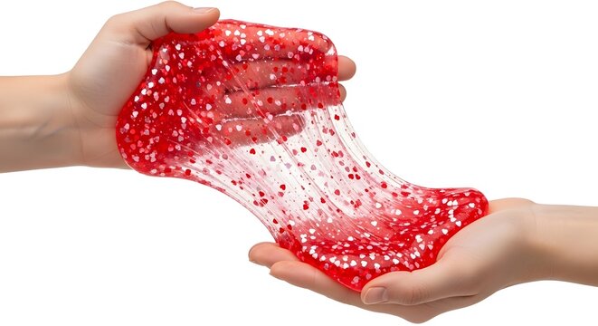 Childs hands stretching red glitter slime