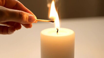 Close up of a woman's hand lighting a match to ignite the wick of a big white candle, casting a cozy and calming radiance