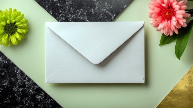 A white envelope is centered on a pale green background, flanked by two flowers and textured geometric shapes. - Powered by Adobe