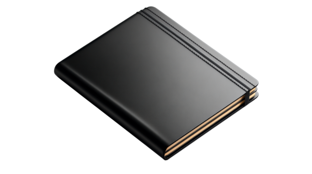 Black Leather Notebook with Elastic Strap on Transparent Background
